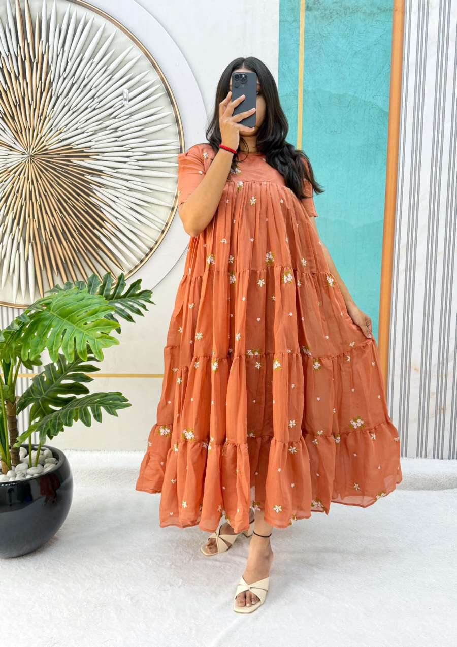 2FANCY MUL COTTON CHANDERI EMBROIDERY WORK ONE PIECE DRESS PARTY WEAR WHOLESALE PRICE ETHNIC GARMENT (14)