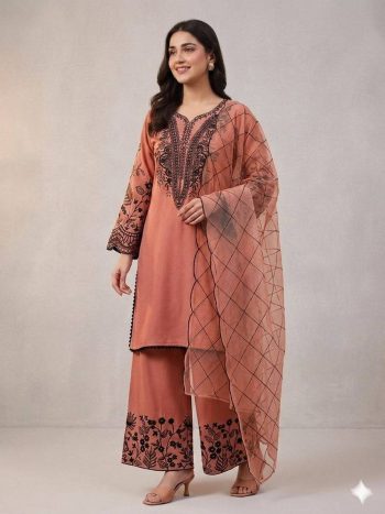 FANCY MUL COTTON SEQUENCE EMBROIDERY WORK TOP PALAZZO WITH DUPATTA DUSTY ROSE
