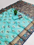 LATEST BANARASI SILK FLOWERS AND MINA & ZARI WEAVING RICH PALLU WITH UNIQUE BORDER WORK SAREE WITH UNSTITCHED BLOUSE SKY