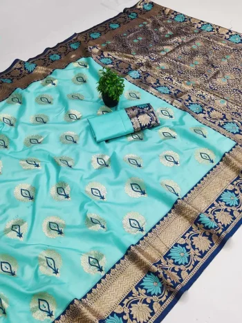 LATEST BANARASI SILK FLOWERS AND MINA & ZARI WEAVING RICH PALLU WITH UNIQUE BORDER WORK SAREE WITH UNSTITCHED BLOUSE SKY