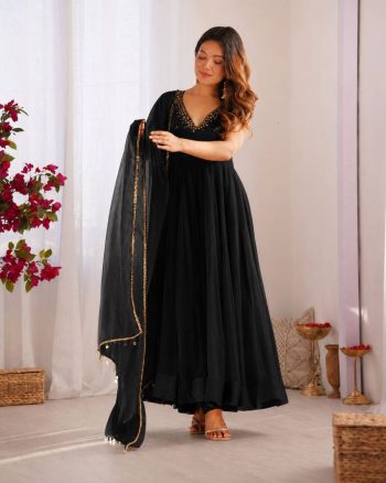 LATEST GEORGETTE HAND  EMBROIDERY, REAL MIRROR KASAB JARI WORK GOWN BOTTOM WITH DUPATTA BLACK
