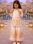 LATEST NATURAL CREPE EMBROIDERY SEQUENCE WORK WITH DIGITAL PRINT WORK KID'S TOP PALAZZO WITH DUPATTA PEACH