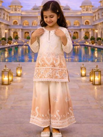 LATEST NATURAL CREPE EMBROIDERY SEQUENCE WORK WITH DIGITAL PRINT WORK KID'S TOP PALAZZO WITH DUPATTA PEACH