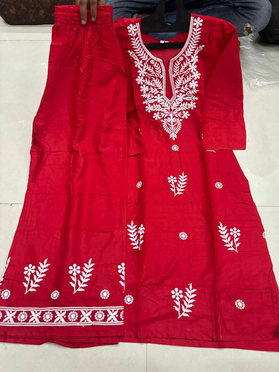 2LATEST RAYON COTTON CHIKANKARI WORK KURTI PALAZZO SET DAILY WEAR WHOLESALE PRICE ETHNIC GARMENT (1)