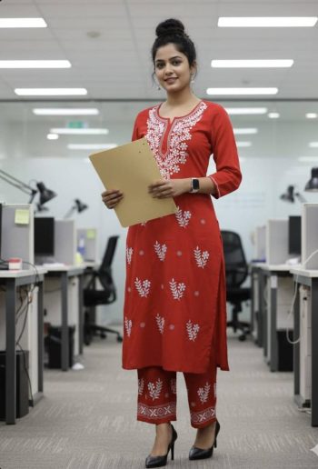 LATEST RAYON COTTON CHIKANKARI WORK KURTI PALAZZO SET RED