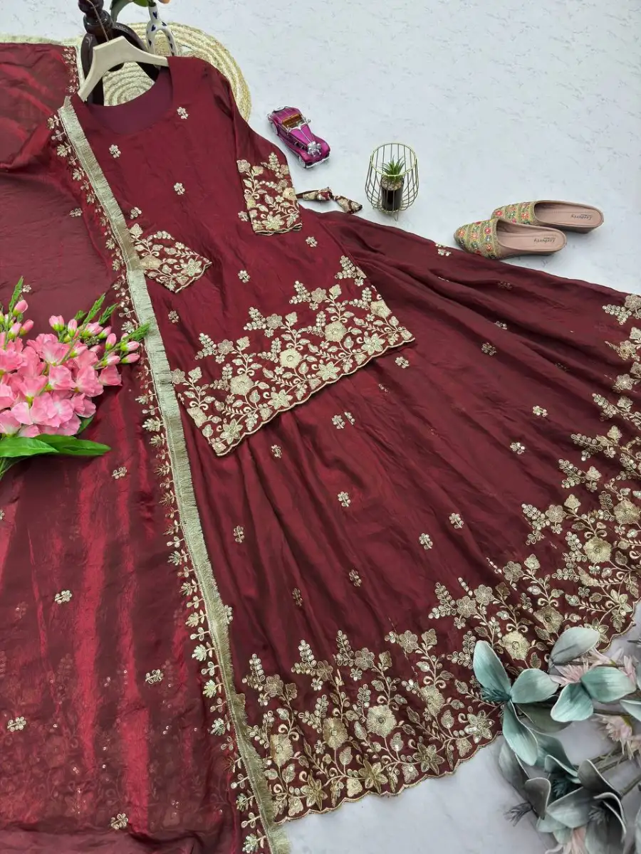 2MODERN 2 TONE FENDY SILK EMBROIDERY SEQUENCE WORK TOP LEHENGA WITH DUPATTA WEDDING WEAR WHOLESALE PRICE ETHNIC GARMENT (9)