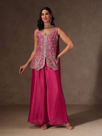MODERN CHINON SILK SEQUENCE CODING EMBROIDERY WORK TOP PALAZZO WITH DUPATTA PINK