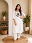 MODERN COTTON EMBROIDERY WORK TOP PENT SET WHITE