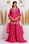 MODERN CREPE SILK EMBROIDERY SEQUENCE WORK WITH APPLE CUT WORK TOP PALAZZO WITH DUPATTA PINK