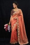 MODERN FENDY SATIN SILK SEQUENCE AND ZARI EMBROIDERY WITH CUTWORK BORDER SAREE WITH STITCHED BLOUSE PEACH
