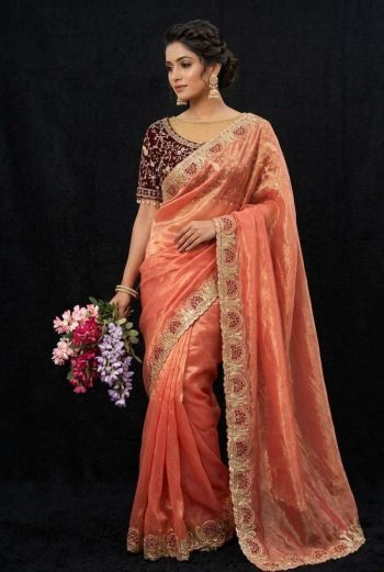 MODERN FENDY SATIN SILK SEQUENCE AND ZARI EMBROIDERY WITH CUTWORK BORDER SAREE WITH STITCHED BLOUSE PEACH