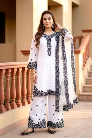 MODERN MUL CHANDERI EMBROIDERY SEQUENCE WORK TOP PALAZZO WITH DUPATTA WHITE