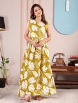 MODERN RAYON PRINTED WORK GOWN YELLOW