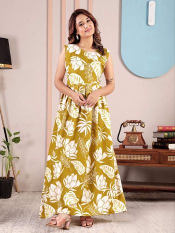 MODERN RAYON PRINTED WORK GOWN YELLOW