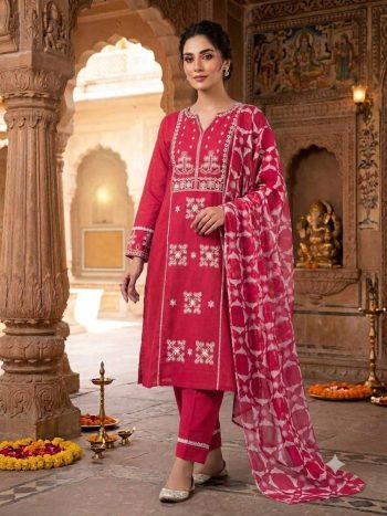 MODERN SLUB COTTON EMBROIDERY WORK TOP BOTTOM WITH DUPATTA RANI