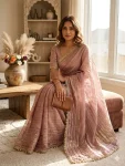 MODERN TISSUE SILK WEAVING SEQUENCE AND RIBBON WITH FANCY LACE BORDER WORK SAREE WITH UNSTITCHED BLOUSE ONION