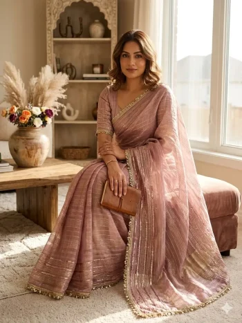 MODERN TISSUE SILK WEAVING SEQUENCE AND RIBBON WITH FANCY LACE BORDER WORK SAREE WITH UNSTITCHED BLOUSE ONION
