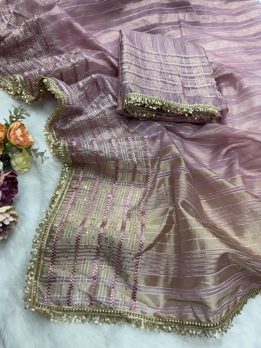 2MODERN TISSUE SILK WEAVING SEQUENCE AND RIBBON WITH FANCY LACE BORDER WORK SAREE WITH UNSTITCHED BLOUSE FESTIVE WEAR WHOLESALE PRICE ETHNIC GARMENT (15)