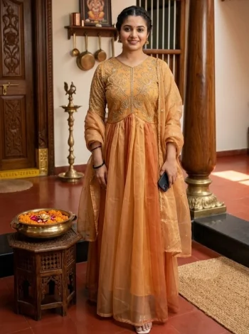 MODERN TISSUE SILK ZARI & SEQUENCE EMBROIDERY WORK GOWN WITH DUPATTA ORANGE