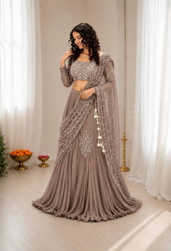 NEW ARRIVAL CHINON SILK EMBROIDERY SEQUENCE WORK LEHENGA SAREE WITH STITCHED BLOUSE ATTACHED PALLU CHIKU