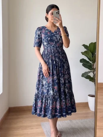 NEW ARRIVAL COTTON PRINTED WORK ONE PIECE DRESS BLUE