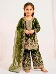 NEW ARRIVAL GMY SILK EMBROIDERY SEQUENCE WORK KID'S TOP PALAZZO WITH DUPATTA GREEN