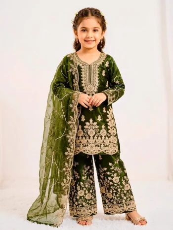 NEW ARRIVAL GMY SILK EMBROIDERY SEQUENCE WORK KID'S TOP PALAZZO WITH DUPATTA GREEN
