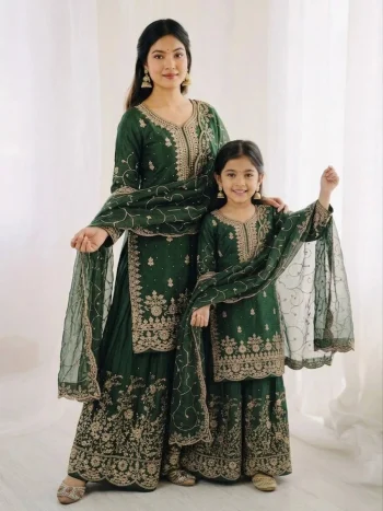 NEW ARRIVAL GMY SILK EMBROIDERY SEQUENCE WORK MOTHDER DAUGHTER SET GREEN