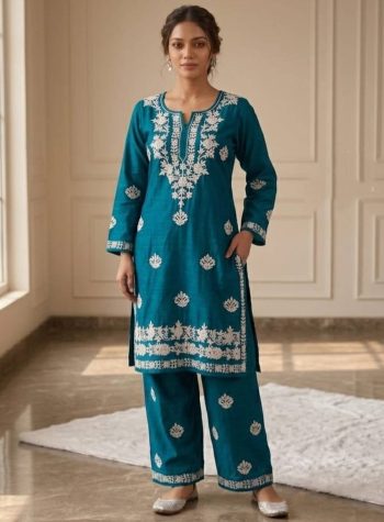 NEW ARRIVAL RAYON EMBROIDERY WORK TOPPENT SET TEAL