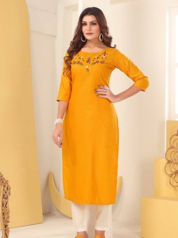 NEW ARRIVAL SILK HANDMADE EMBROIDERY WORK KURTI YELLOW
