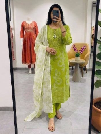 RICH LOOK COTTON PRINT WITH MIRROR WORK TOP BOTTOM WITH DUPATTA PARROT GREEN