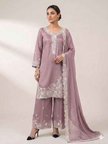 RICH LOOK FRENCH CREPE SEQUENCE EMBROIDERY WORK TOP PALAZZO WITH DUPATTA LAVENDER