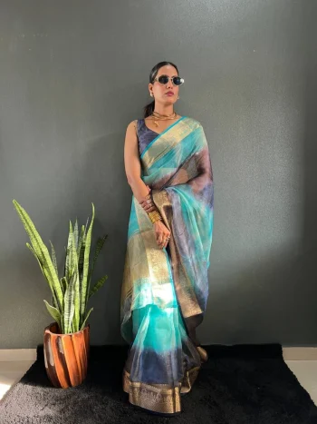 RICH LOOK SHIMMER SILK ANMOL ZARI PATTI WORK SAREE WITH UNSTITCHED BLOUSE RAMA