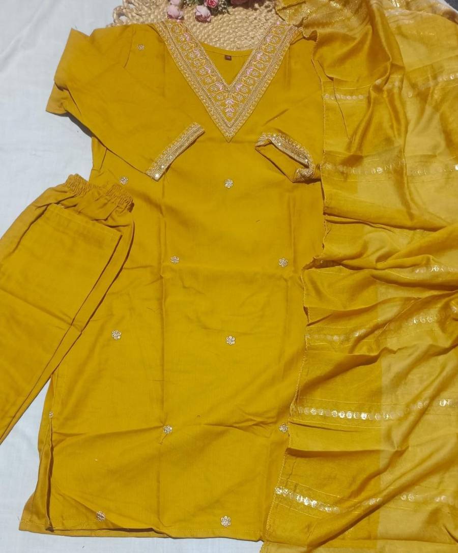 2RICH LOOK SLUB COTTON CUT PASTE EMBROIDERY WORK TOP BOTTOM WITH DUPATTA FESTIVE WEAR WHOLESALE PRICE ETHNIC GARMENT (6)