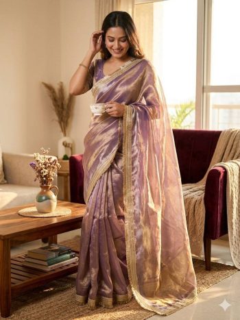 RICH LOOK TISSUE SILK TWO TONE SHADED WITH FANCY LACE BORDER WORK SAREE WITH UNSTITCHED BLOUSE LAVENDER