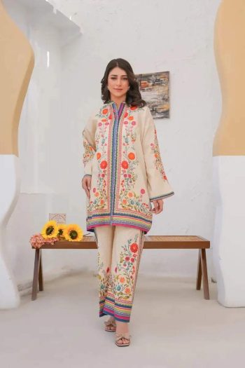 RICH LOOK VISCOSE RAYON PRINTED WORK CO-ORD SET CREAM