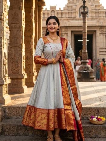 TRADITIONAL KANCHI COTTON ZARI KANCHI BORDER WORK GOWN WITH DUPATTA WHITE
