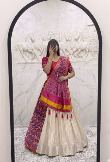 TRADITIONAL SILK DIGITAL PRINTED BLOUSE AND SAREE WITH PLAIN STITCHED LEHENGA CREAM AND  RANI