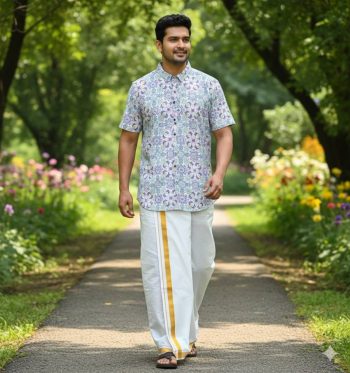 TRADITONAL RUBI COTTON DIGITAL PRINT WORK SHIRT WITH DHOTI BLUE