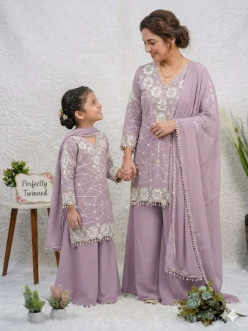 TRENDING GEORGETTE SEQUENCE EMBROIDERY WORK MOTHER DAUGHTER SET LAVENDER