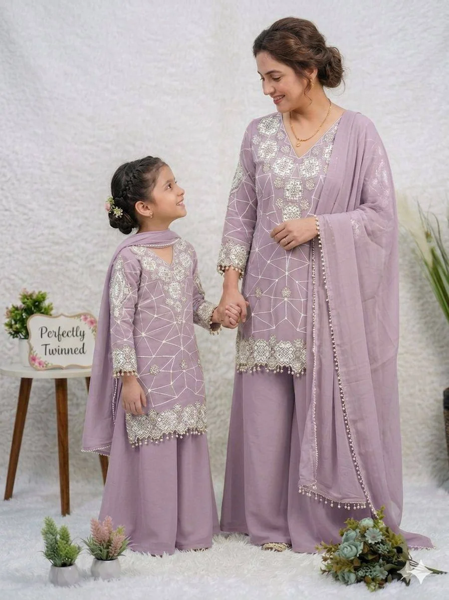 2TRENDING GEORGETTE SEQUENCE EMBROIDERY WORK MOTHER DAUGHTER SET FESTIVE WEAR WHOLESALE PRICE ETHNIC GARMENT (10)