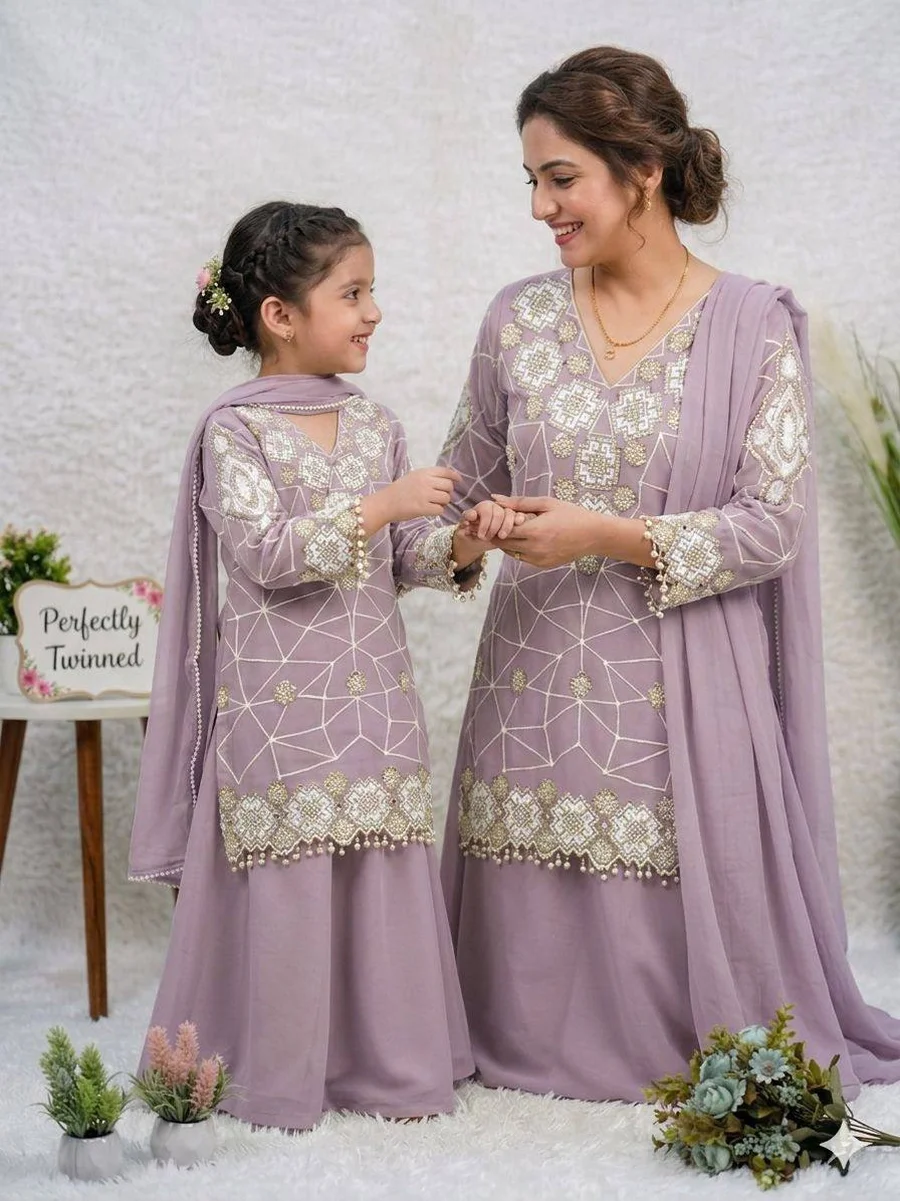 2TRENDING GEORGETTE SEQUENCE EMBROIDERY WORK MOTHER DAUGHTER SET FESTIVE WEAR WHOLESALE PRICE ETHNIC GARMENT (8)