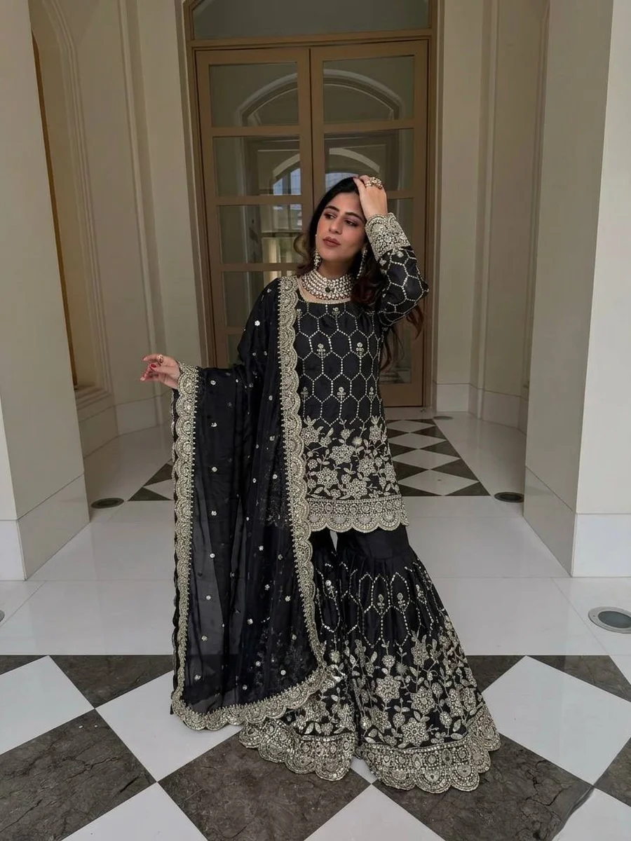 2TRENDING GMY SILK EMBROIDERY SEQUENCE WITH REAL MIRROR HAND WORK TOP SHARARA WITH DUPATTA FESTIVE WEAR WHOLESALE PRICE ETHNIC GARMENT (32)