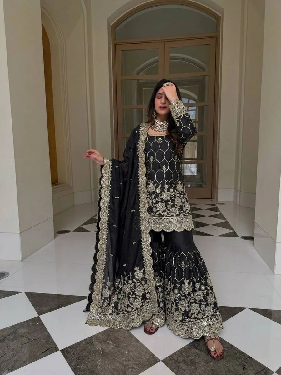 2TRENDING GMY SILK EMBROIDERY SEQUENCE WITH REAL MIRROR HAND WORK TOP SHARARA WITH DUPATTA FESTIVE WEAR WHOLESALE PRICE ETHNIC GARMENT (33)