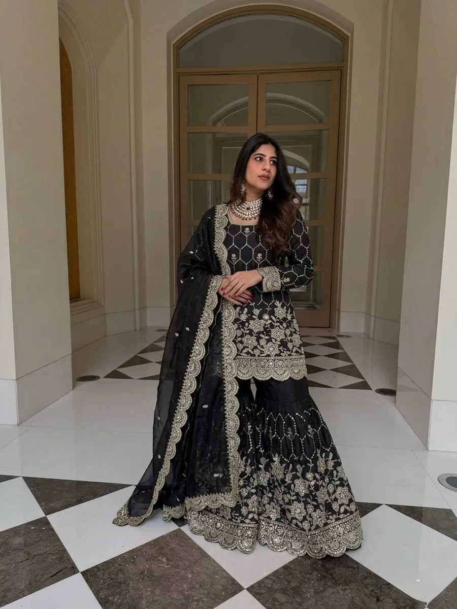 2TRENDING GMY SILK EMBROIDERY SEQUENCE WITH REAL MIRROR HAND WORK TOP SHARARA WITH DUPATTA FESTIVE WEAR WHOLESALE PRICE ETHNIC GARMENT (34)