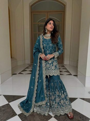 TRENDING GMY SILK EMBROIDERY SEQUENCE WITH REAL MIRROR HAND WORK TOP SHARARA WITH DUPATTA TEAL