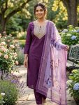 TRENDING SLUB COTTON EMBROIDERY WORK TOP BOTTOM WITH DUPATTA WINE