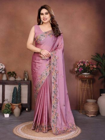 TRENDING SOFT SILK EMBROIDERY WITH CUTWORK BORDER SAREE WITH UNSTITCHED BLOUSE PINK