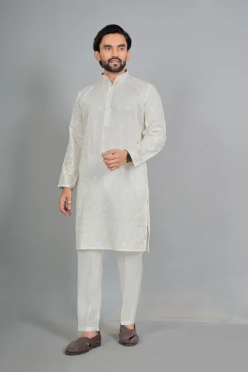 DESIGNER COTTON SILK EMBROIDERY  WORK MEN'S KURTA OFF WHITE