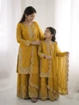DESIGNER FENDY SILK EMBROIDERY CODING AND SEQUENCE WORK MOTHER DAUGHTER SET YELLOW